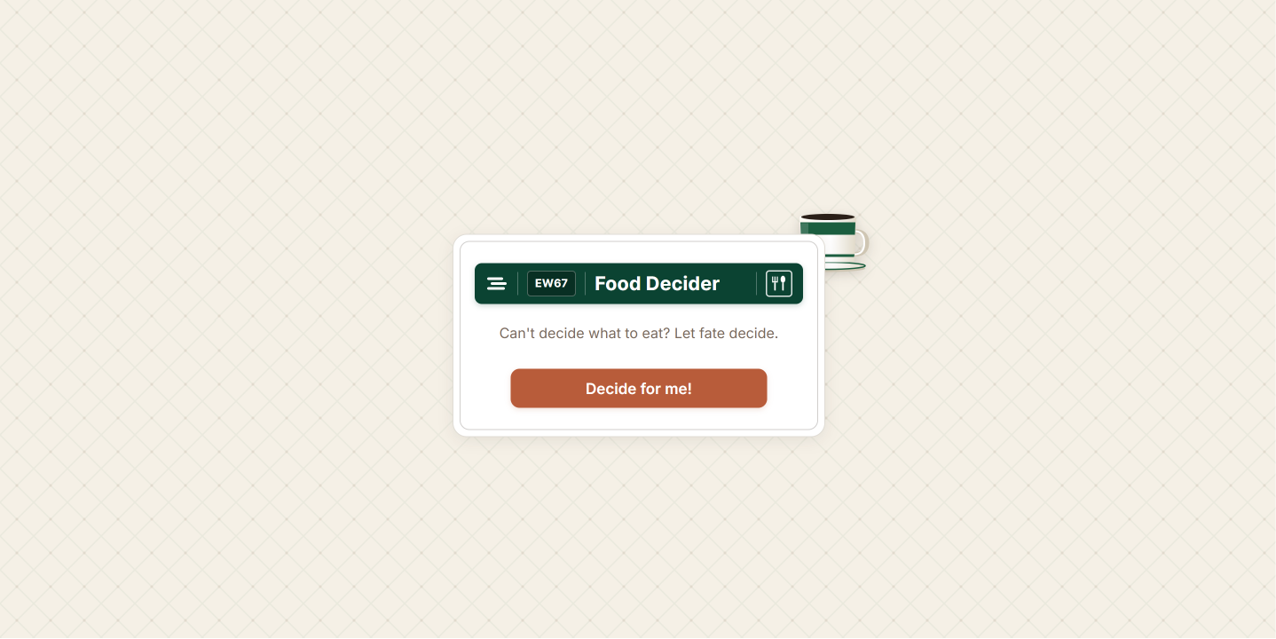 Food Decider — Singapore-coded UI: MRT-style header, "Can't decide what to eat? Let fate decide." tagline and a Decide for me! button on a kopitiam-tiled background.